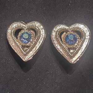 Vintage Gold Tone Heart Clip On Earrings with Blue Aurora Borealis AB Stone